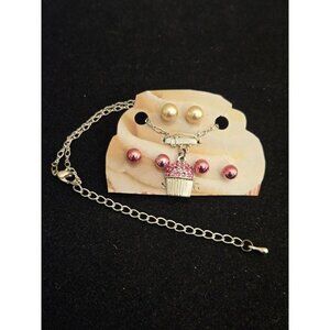 Silvertone Cupcake Necklace & Earring Set